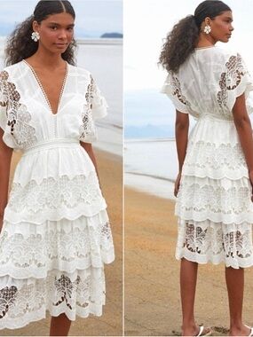 Farm Rio Richelieu embroidered tiered midi lace dress